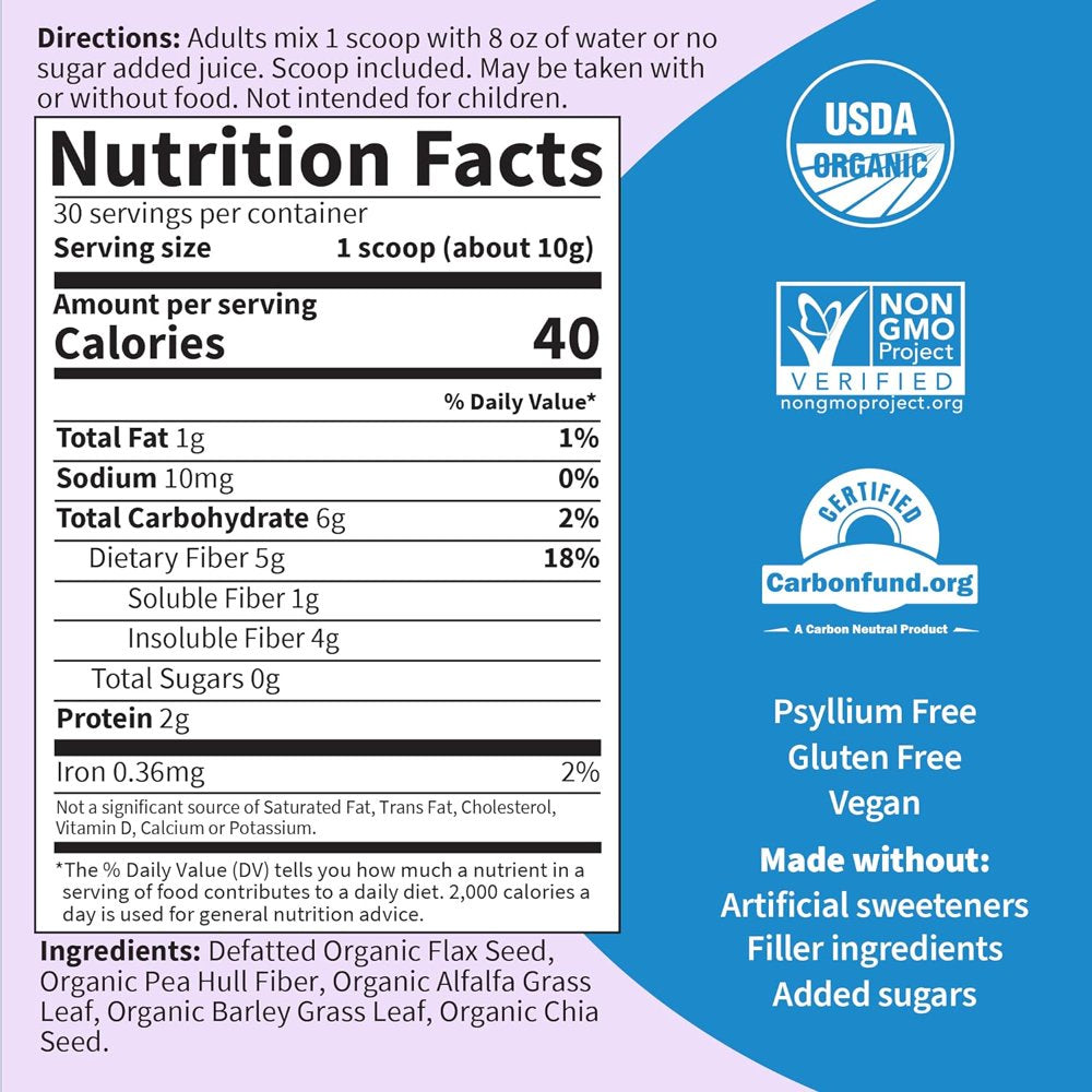 Garden of Life Organic Unflavored Fiber Powder Detox Blend with Chia, Alfalfa & Barley for Herbal Cleanse, Gut Health Support - Detoxifiber - Non-Gmo, Gluten-Free, Psyllium Free, Vegan, 30 Servings