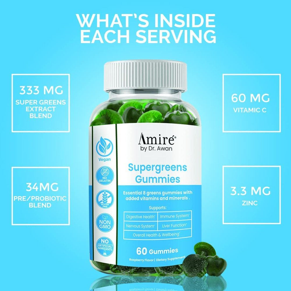 Amire by Dr. Awan Super Greens Gummies, Fruits & Veggies Supplement, Green Superfood for Immunity, Metabolism, Liver Function & Nervous System, Essential 8 Greens, 180Ct, 90-Day Supply