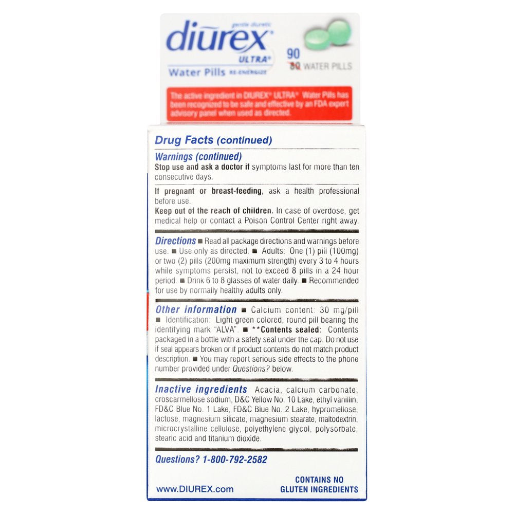 Diurex Caffeine Re-Energizing Water Pills - Relieve Water Bloat - Feel Better & Less Heavy - 90 Ct