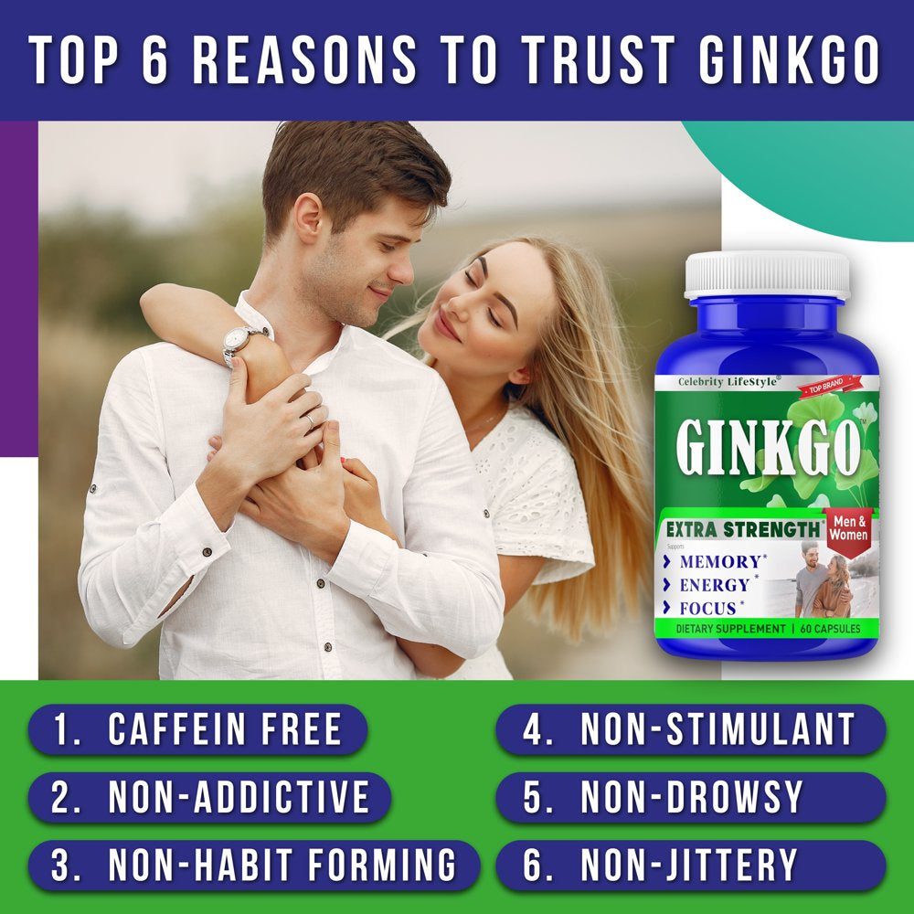 Ginkgo Biloba Brain Supplements for Memory and Focus, Nootropics Brain Support Supplement for Adults & Seniors, Ginkgo Biloba Brain Health Support, Energy Booster Focus Vitamins for Adults 60 Pills