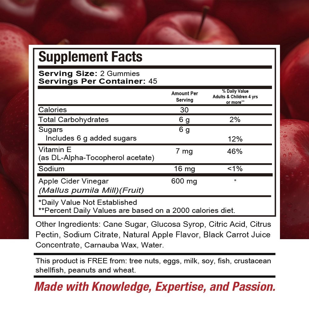 Apple Cider Vinegar Gummy with the Mother by Health Dose 90 Gummies. for Weight Loss Control, Detox, Cleanse, for Women & Men, with Ginger Dry Extract to Support Digestion - Gut, Vegan, Gluten-Free.