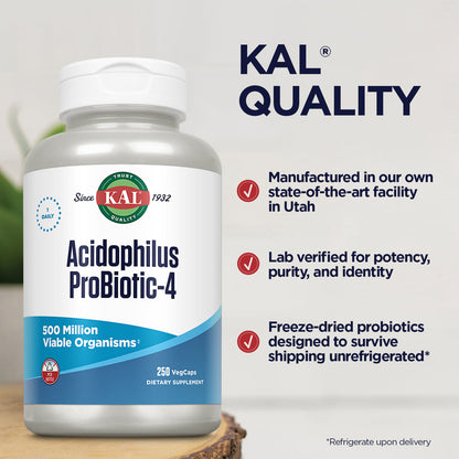 KAL Acidophilus Probiotic - 4 | for Intestinal Flora Nutritive Support | 500 Million Cfus, 4 Strains | for Men & Women | Vegetarian Capsules | 250Ct