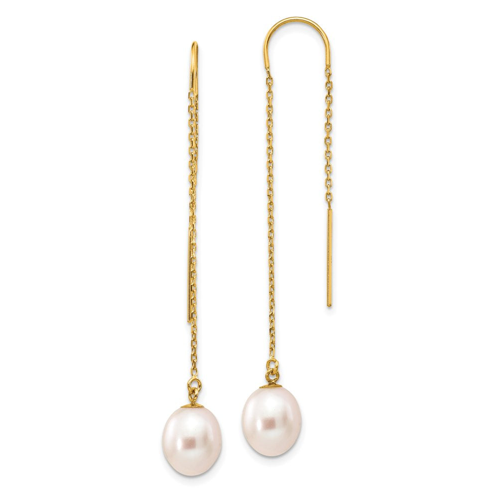 Finest Gold 14K Yellow Gold 7-8 Mm White Rice Freshwater Cultured Pearl Dangle Threader Earrings