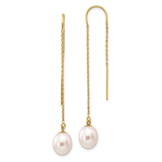 Finest Gold 14K Yellow Gold 7-8 Mm White Rice Freshwater Cultured Pearl Dangle Threader Earrings