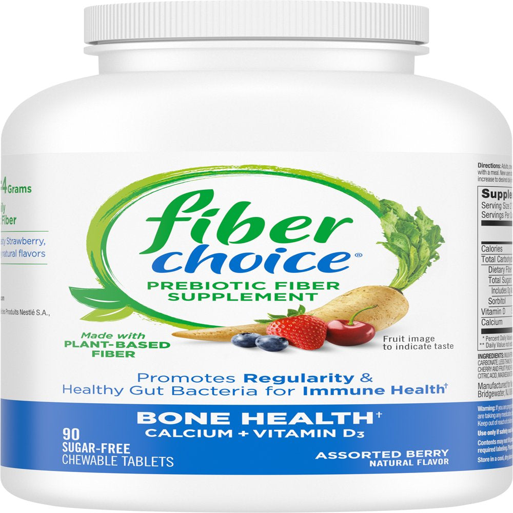 Fiber Choice Bone Health Daily Prebiotic Fiber Chewable Tablets, Excellent Source of Fiber, Calcium & Vitamin D3, Sugar-Free, #1 Gastroenterologist Recommended?, Helps Support Regularity, 90...