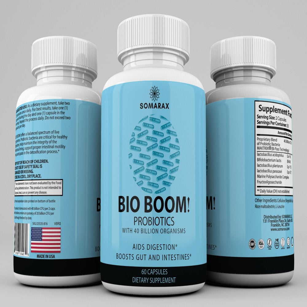 Bio Boom! Probiotics 40 Billion CFU for Women & Man, 15X More Effective Probiotic Supplement, Lactobacillus Acidophilus Probiotics for Immune Support and Digestive Health - 60 Capsules by Somarax