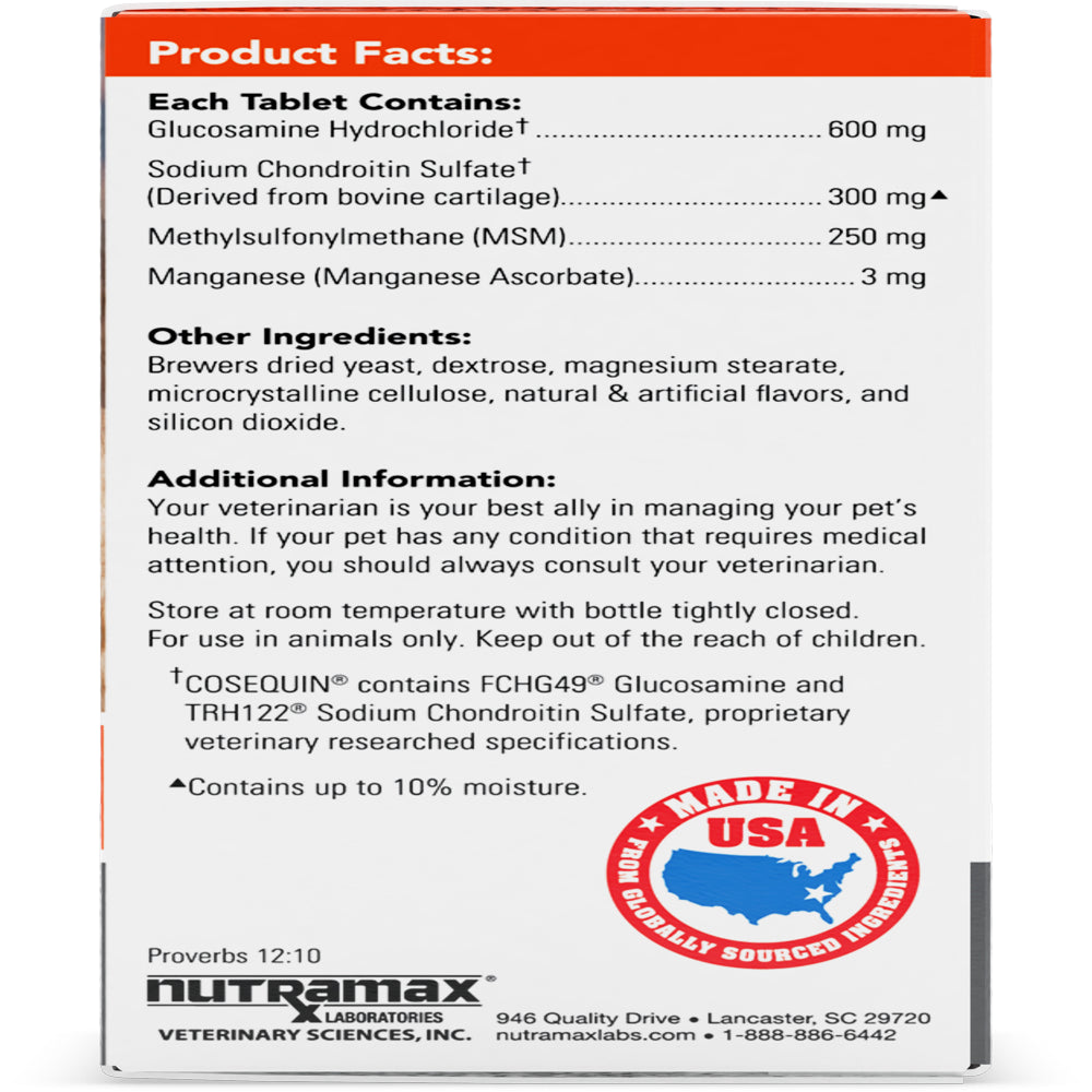 Cosequin Joint Health Supplement for Dogs, Maximum Strength plus MSM Chewable Tablets 60Ct