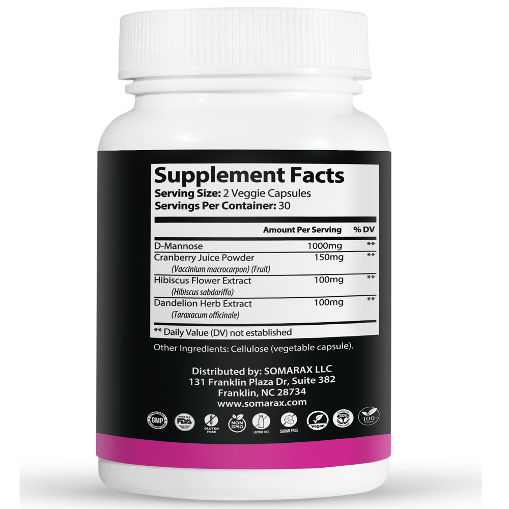 Balance – D-Mannose Urinary Tract Supplement UTI Cleanse & Bladder Health, Fast-Acting Detoxifying Strength, Flush Impurities, Clear System with Hibiscus and Cranberry Pills 60 Capsules by Somarax