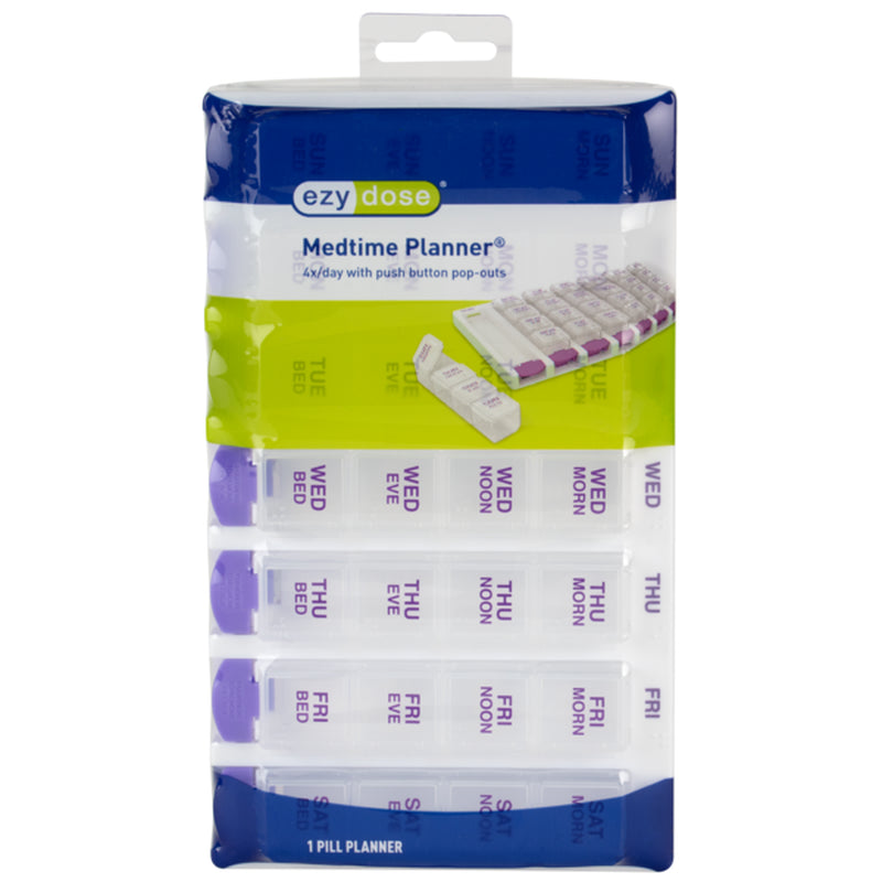 Ezy Dose Weekly (7-Day) Pill Organizer, 4 Times a Day, Push Button, Pop-Out Travel Compartments
