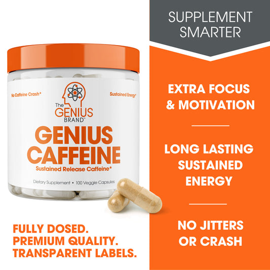 Caffeine Pills Sustained Energy and Focus Supplements with Zero Crash, Natural Weight Loss Support, Genius Caffeine by the Genius Brand