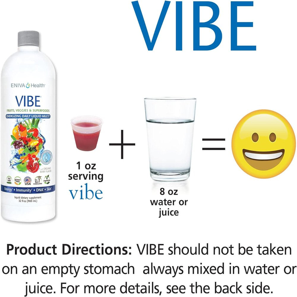 Eniva Vibe Liquid Daily Multivitamin with Vitamin A, B3, C, D, E & Amino Acids , Fruit & Veggie Superfood Supplement , Doctor Formulated , for Men and Women - 32 Oz Fruit 32 Fl Oz (Pack of 1)