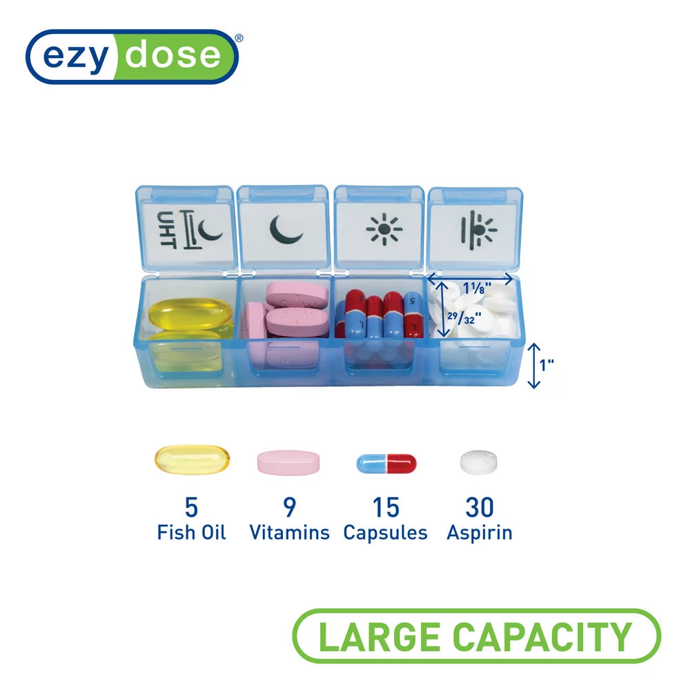 Ezy Dose Weekly (7-Day) Pill Organizer, 4 Times a Day, Travel Compartments, Rainbow