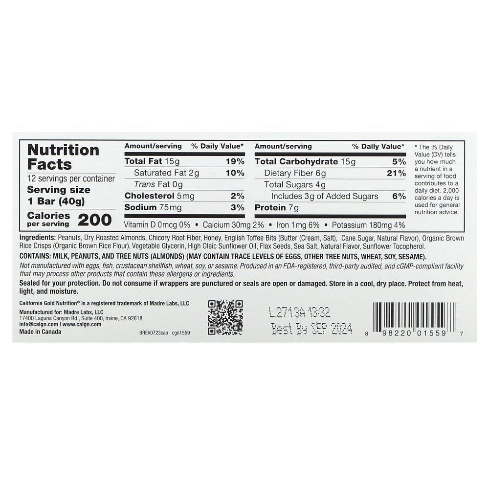 California Gold Nutrition FOODS - Caramel Almond Bars, 12 Bars, 1.4 Oz (40 G) Each