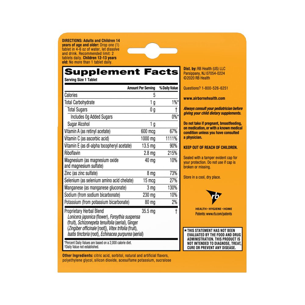 Airborne Zesty Orange Effervescent Tablets, 20 Count - 1000Mg of Vitamin C, Immune Support Supplement