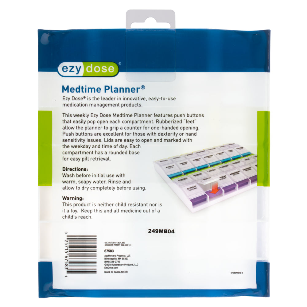 Ezy Dose Weekly (7-Day) Pill Organizer, 4 Times a Day Pill Planner, Push Button Compartments (2XL)