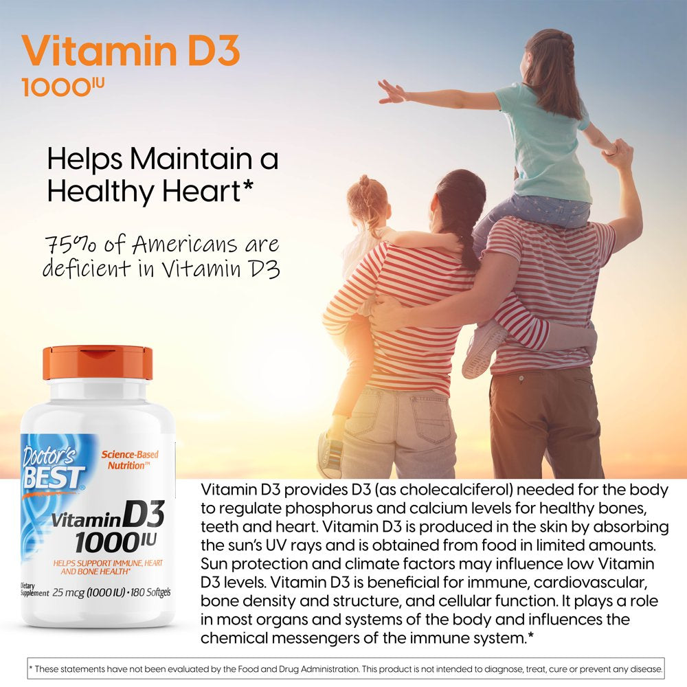 Doctor'S Best Vitamin D3 1000IU, Non-Gmo, Gluten Free, Soy Free, Regulates Immune Function, Supports Healthy Bones, 180 Softgels