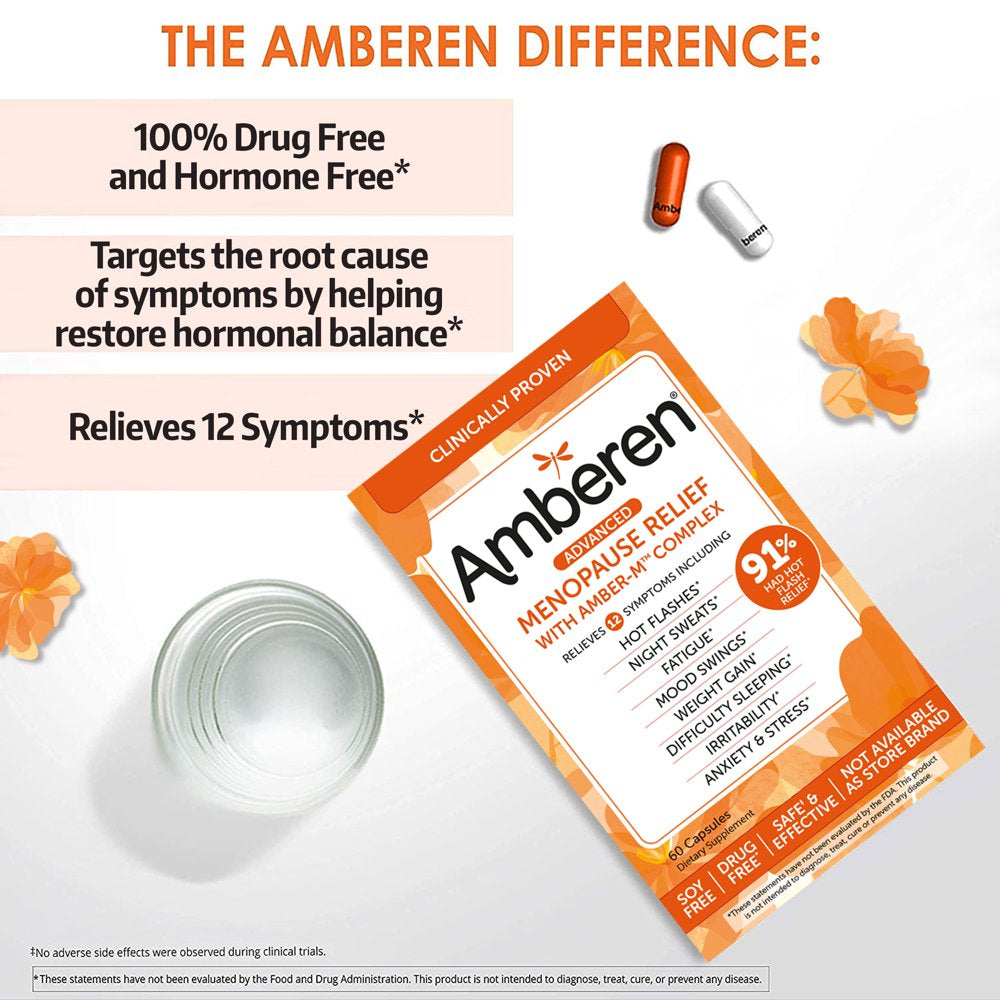 Amberen Multi-Symptom Menopause Relief Supplements for Women, Hot Flash & Night Sweats Relief, 60 Count