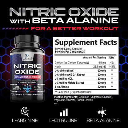 Extra Strength Nitric Oxide Supplement L Arginine 3X Strength - Citrulline Malate, AAKG, Beta Alanine - Premium Muscle Supporting Nitric Oxide Booster for Strength & Energy Supplements - 60 Capsules