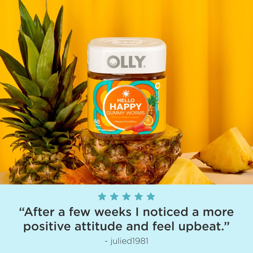 OLLY Hello Happy Gummy Worms, Mood Balance Support Supplement, Vitamin D, Tropical, 60 Ct