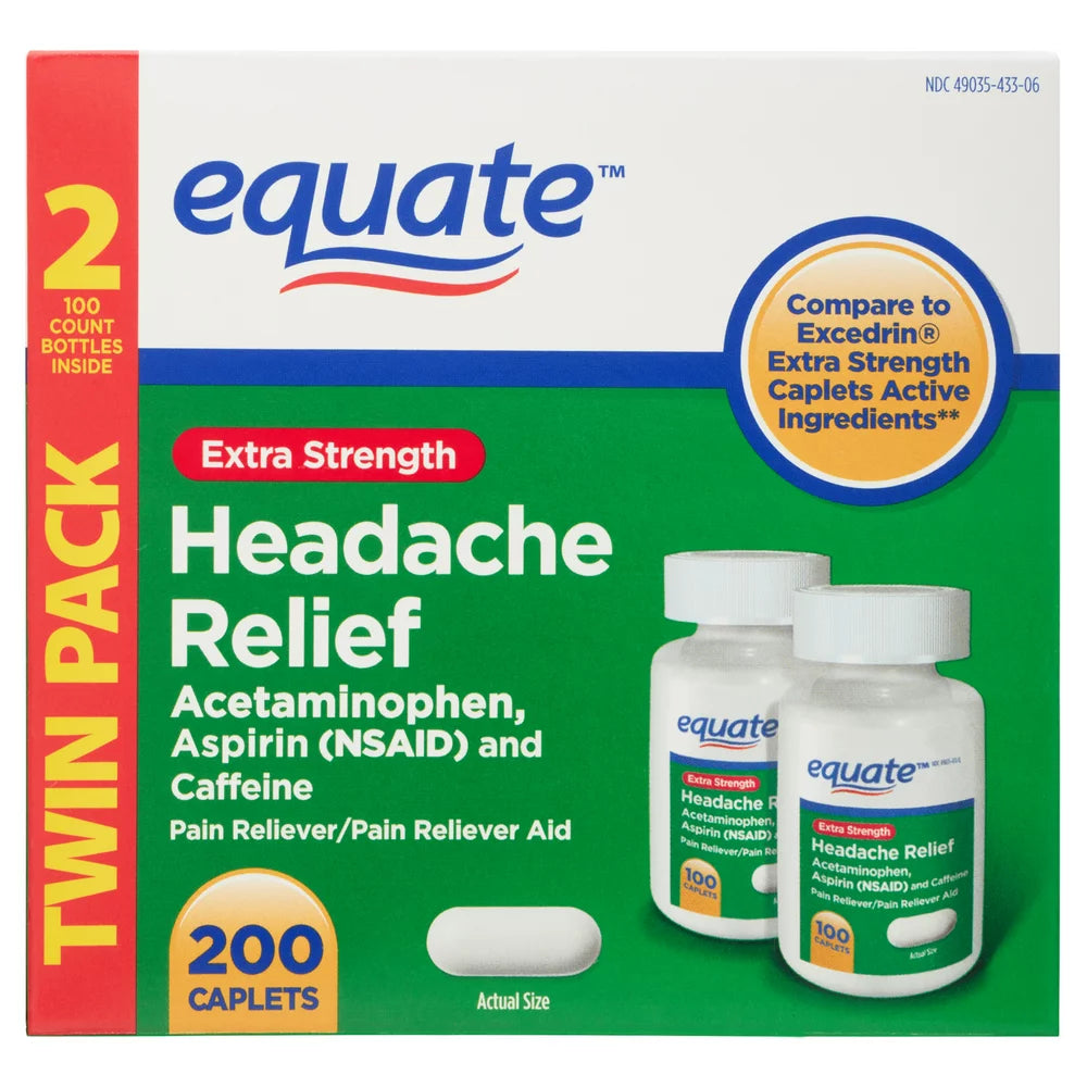Equate Extra Strength Headache Relief Caplets, 250 Mg, 100 Count, Twin Pack