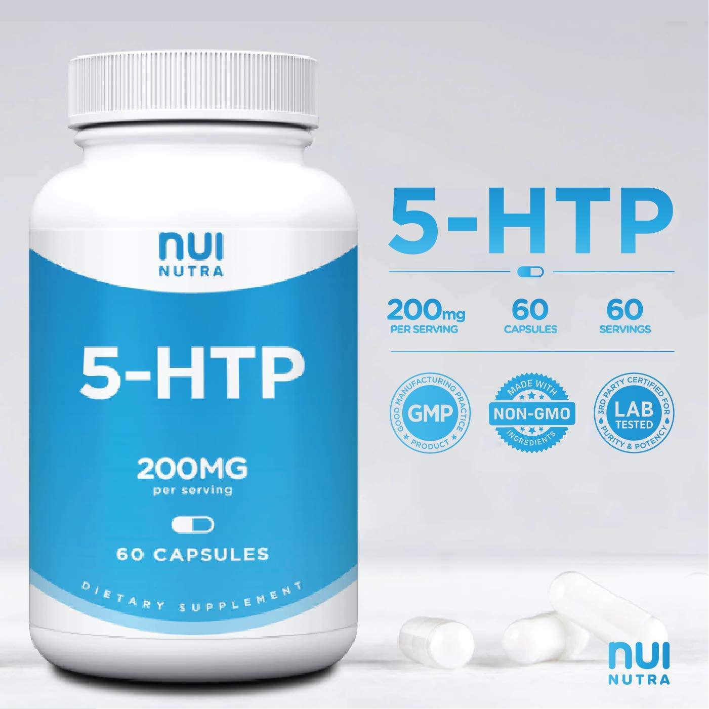 5HTP Supplement 200mg | 60 Capsules - Brain, Mood, Stress, and Sleep Support | Extra Strength 5-Hydroxytryptophan (Vegan, Gluten Free, Non-GMO, 3rd Party Lab Tested)