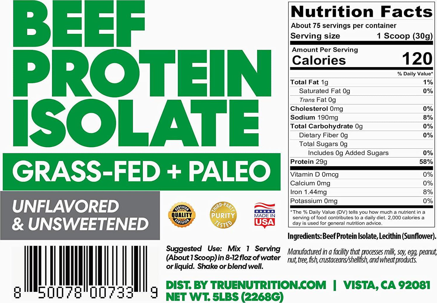 5LBS Unflavored Grass Fed Beef Protein Powder Isolate - Paleo, Keto, Carnivore, Sugar-Free, Lactose-Free - Customize Your Protein with Two Free TrueBoost or TrueFlavor Protein Shake Enhancements