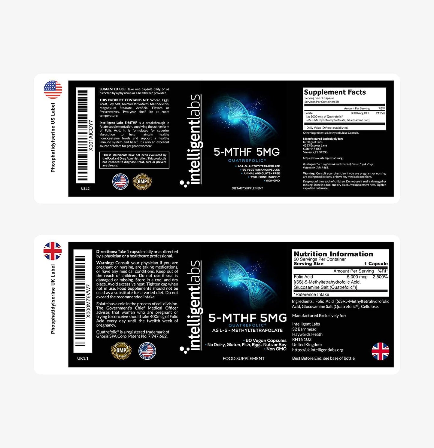 5MG L-5-MTHF by Intelligent Labs, L-5-Methyltetrahydrofolate Activated Folic Acid Supplement as Quatrefolic Acid - Activated Folate, 60 Capsules - 2 Months Supply! 5mg = 5000mcg MTHF!