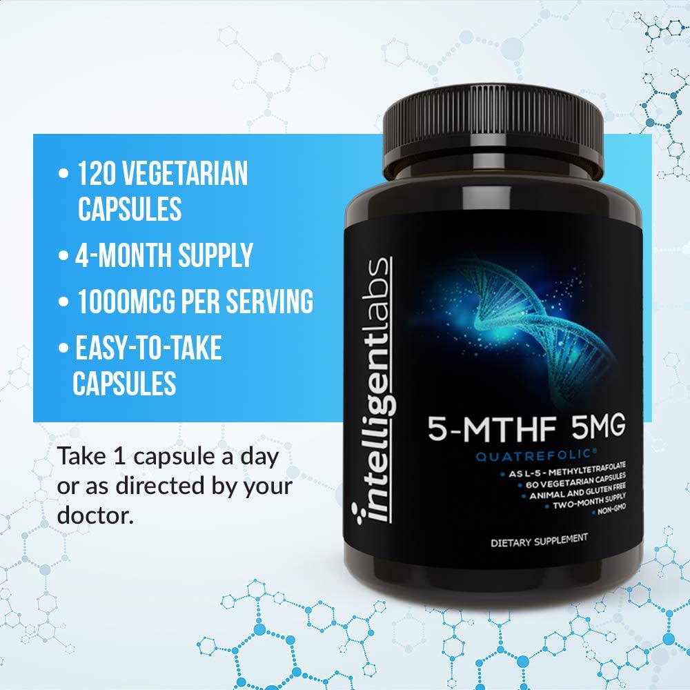 5MG L-5-MTHF by Intelligent Labs, L-5-Methyltetrahydrofolate Activated Folic Acid Supplement as Quatrefolic Acid - Activated Folate, 60 Capsules - 2 Months Supply! 5mg = 5000mcg MTHF!