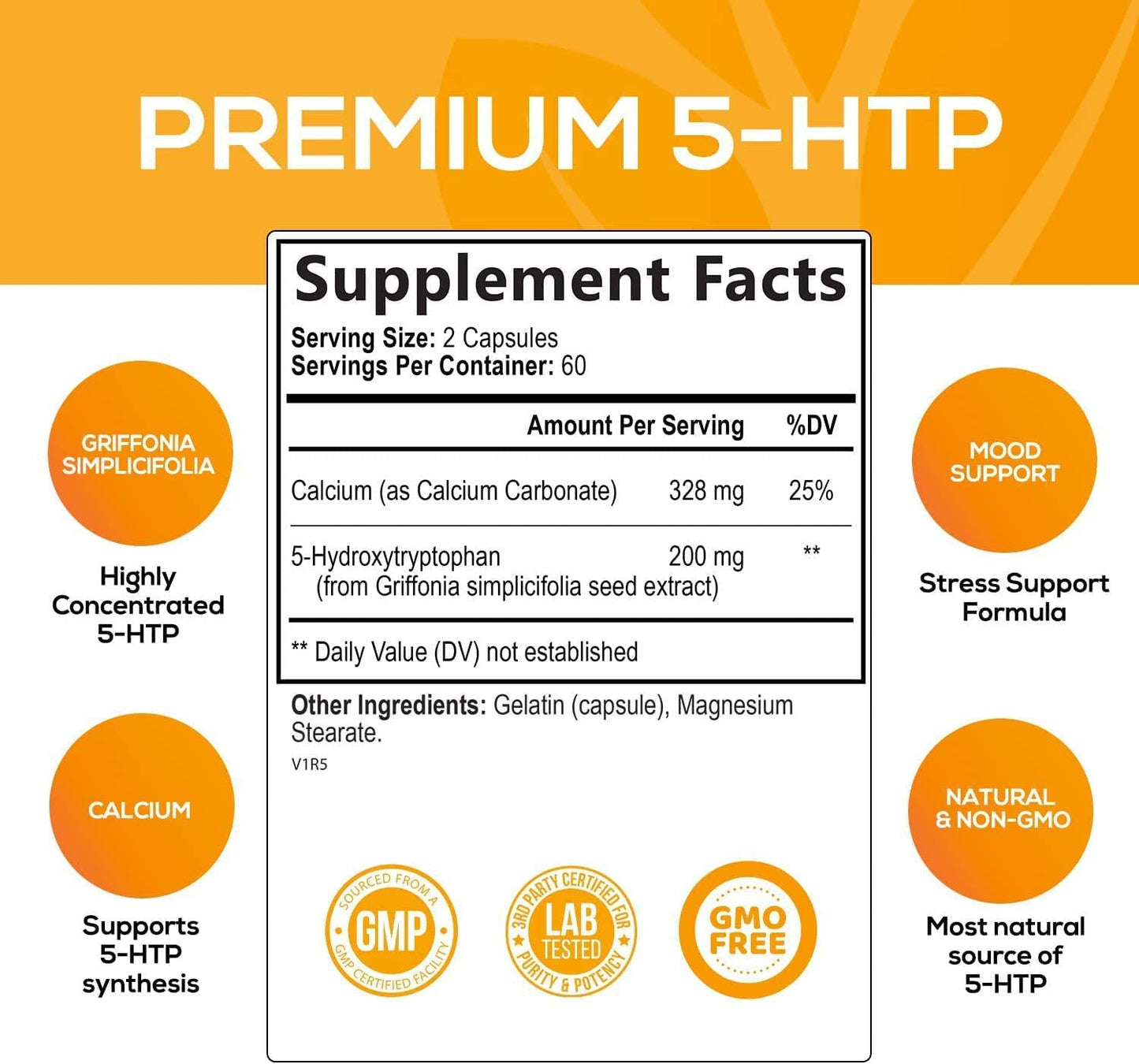 5-HTP 200mg Capsules - Extra Strength Support for Sleep and Stress, Bottled in USA, Best 5-Hydroxytryptophan Supplement for Men and Women, Supports Positive Mood - 120 Capsules