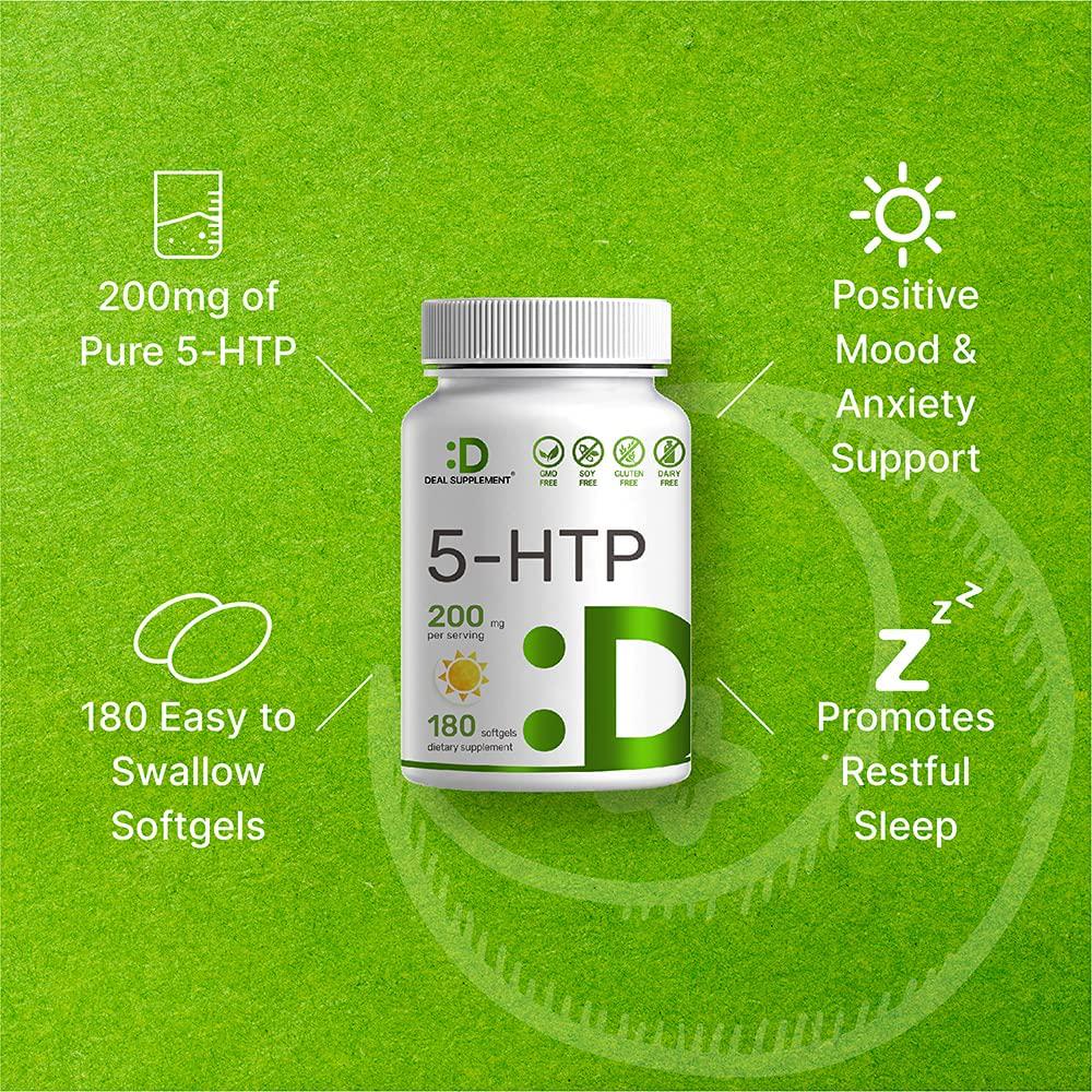 5-HTP 200mg Per Serving, 180 Softgels, 3 Months Supply, 98%+ Griffonia Seed Extract - Advanced 5 HTP Supplements, Non-GMO and Gluten Free