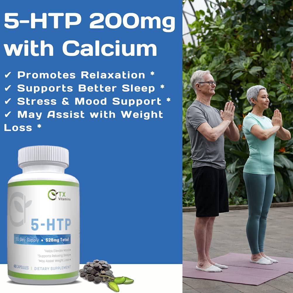 5 HTP 200mg with Calcium for Mood, Stress, Sleep, Boosts Serotonin, High Purity 5HTP Extra Strength Supplement, Gluten Free | TX Vitamins (120 Count)