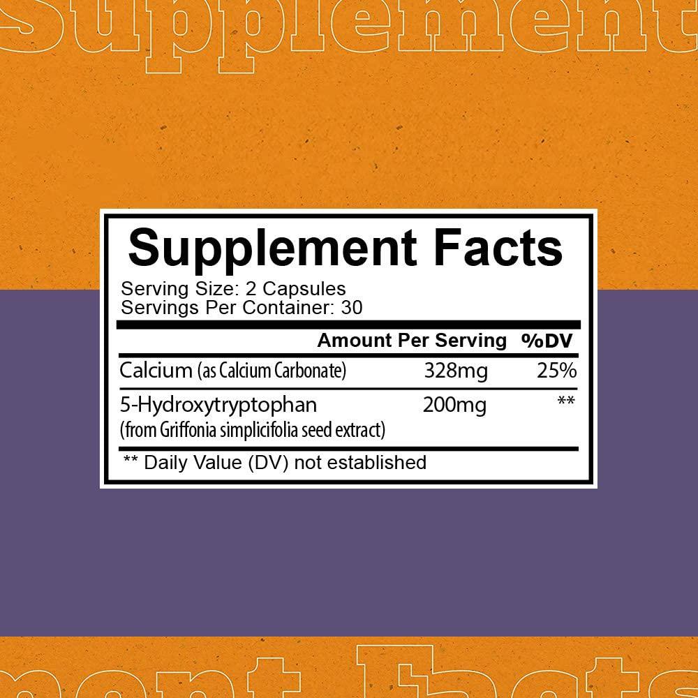 5-HTP 200mg with Calcium - Naturally Supports Serotonin Levels to Promote Relaxing Sleep, Better Rest, and a More Positive Mood - Plant-Based and Derived from Griffonia Extract
