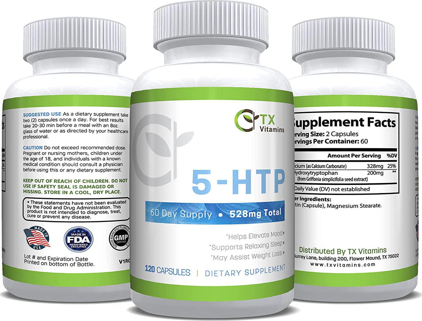 5 HTP 200mg with Calcium for Mood, Stress, Sleep, Boosts Serotonin, High Purity 5HTP Extra Strength Supplement, Gluten Free | TX Vitamins (120 Count)