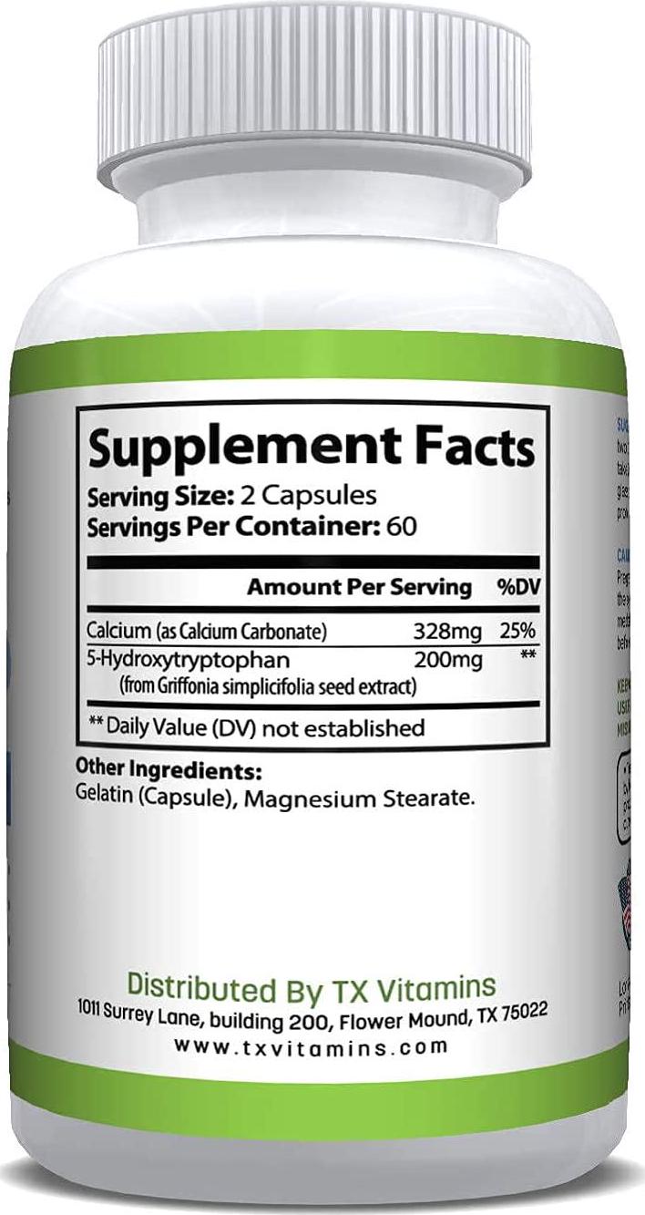 5 HTP 200mg with Calcium for Mood, Stress, Sleep, Boosts Serotonin, High Purity 5HTP Extra Strength Supplement, Gluten Free | TX Vitamins (120 Count)
