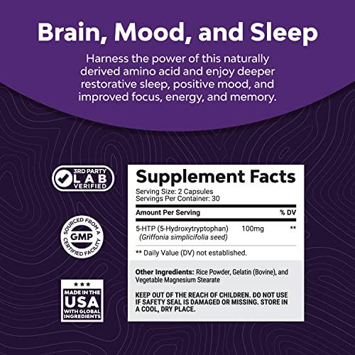 5 HTP Supplement 5-Hydroxytryptophan - 5HTP 100mg Gentle Herbal Sleep Supplement and Mood Enhancer - 5-HTP 100 mg Mood Support Supplement and Sleep Support Capsules from Griffonia Simplicifolia