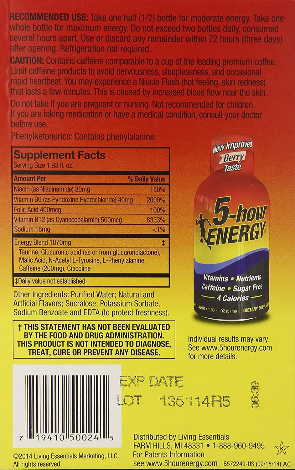 5-Hour Energy Dietary Supplement New Improved Berry Taste 1.93 Fl OZ Pack of 24