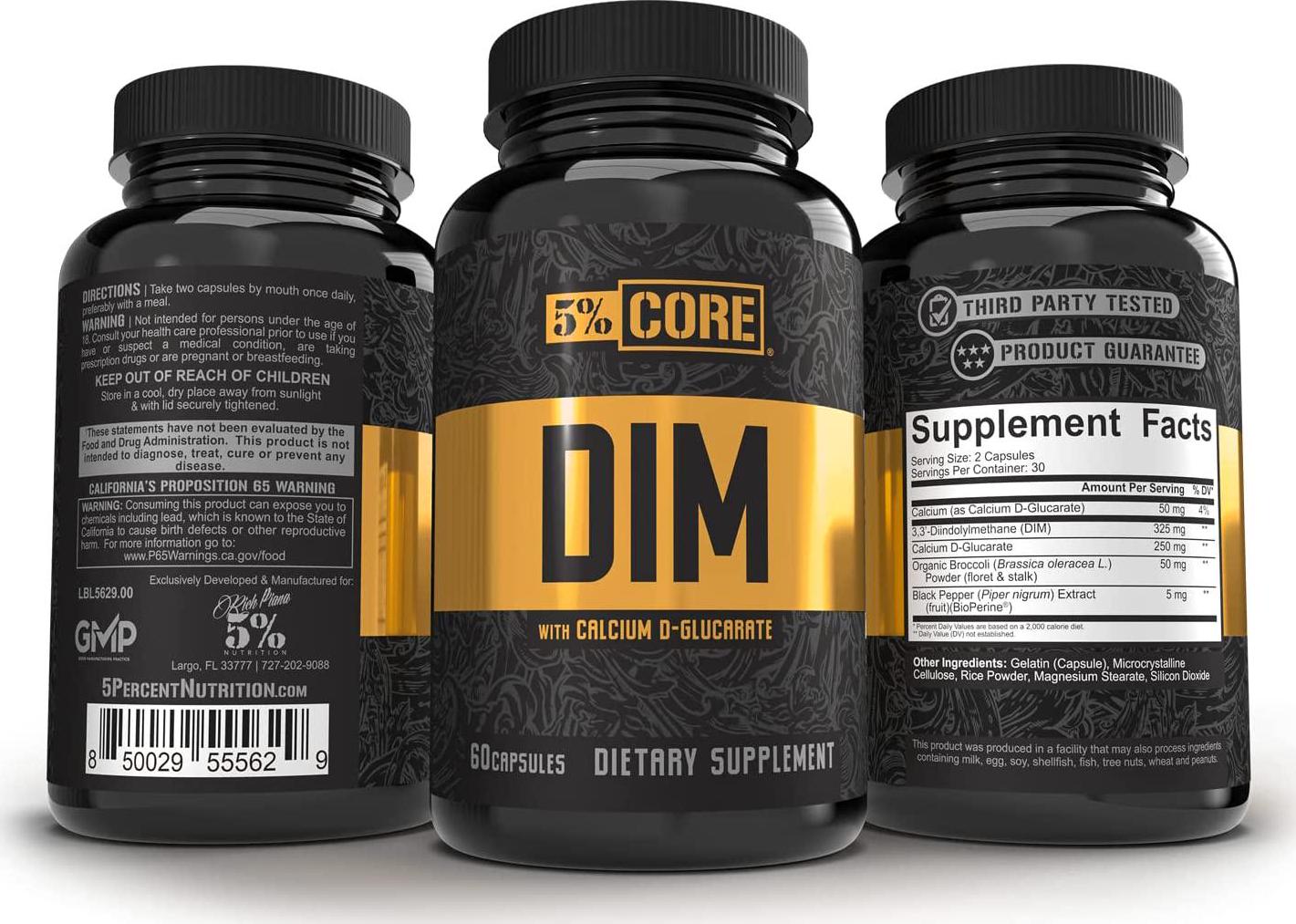 5% Nutrition Core DIM Supplement | Estrogen Regulation Support for Men and Women | Natural Diindolylmethane w/ Calcium D-Glucarate, Organic Broccoli Powder + Bioperine (30 Servings / 60 VegCaps)