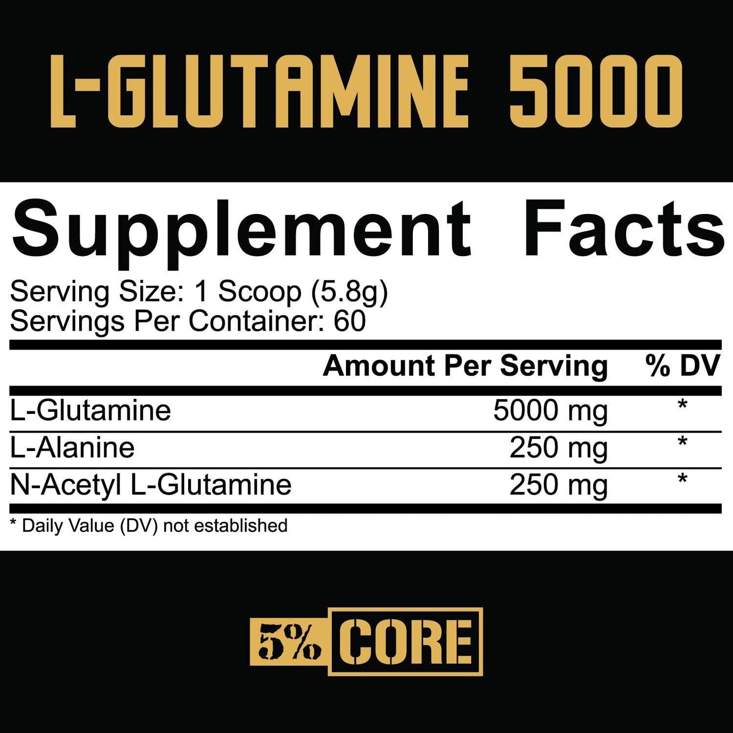 5% Nutrition L-Glutamine 5000 Supplement w/ L-Alanine | Immune and Digestive Support | Amino Acid Muscle Builder Post Workout Recovery | Unflavored (60 Servings)