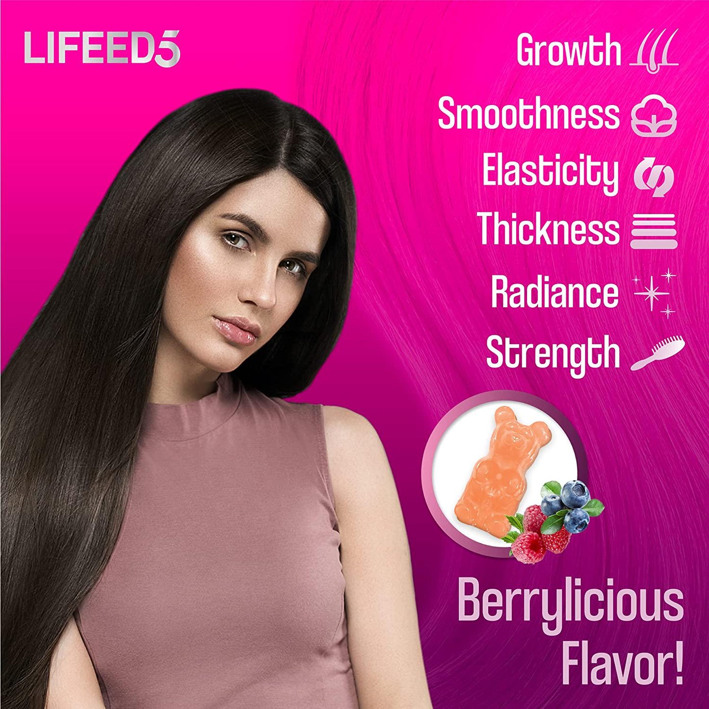 5 in 1 Hair Growth Gummies Biotin 5000mcg (60 days supply) + Collagen + Vitamin E + Folic Acid (Folate) + Pantothenic Acid (120 chewable hair vitamins) - Lifeed5