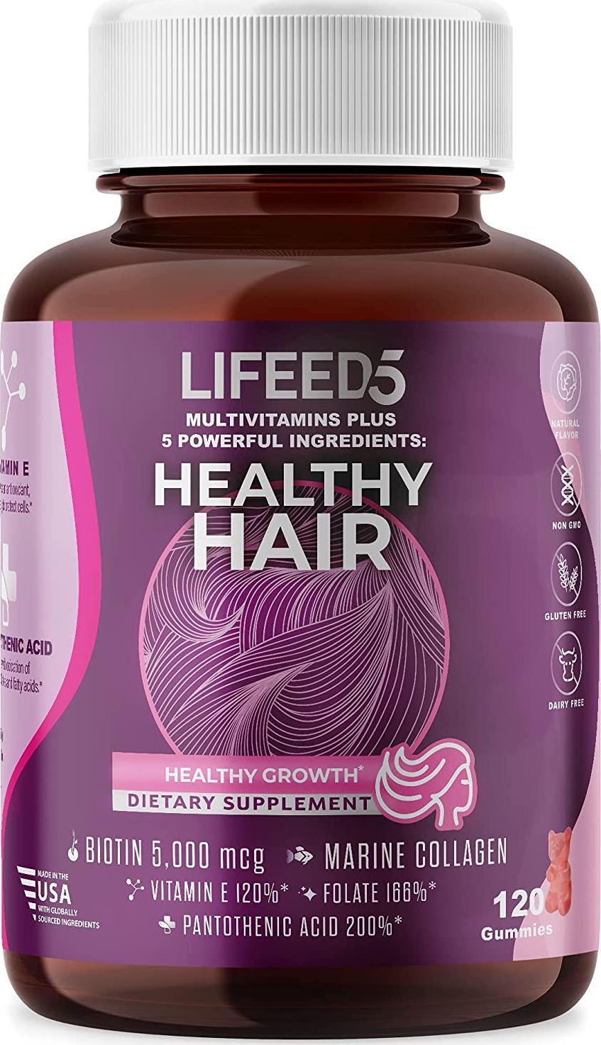 5 in 1 Hair Growth Gummies Biotin 5000mcg (60 days supply) + Collagen + Vitamin E + Folic Acid (Folate) + Pantothenic Acid (120 chewable hair vitamins) - Lifeed5