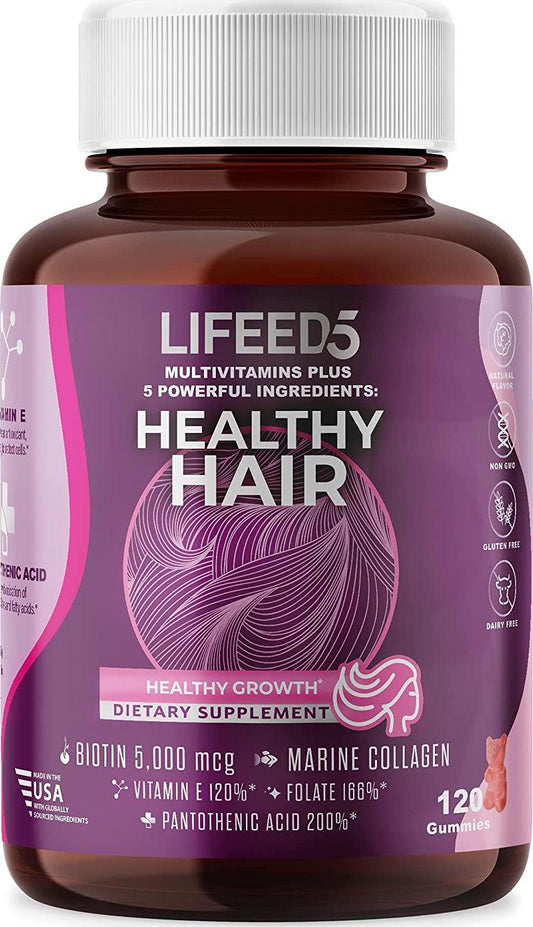 5 in 1 Hair Growth Gummies Biotin 5000mcg (60 days supply) + Collagen + Vitamin E + Folic Acid (Folate) + Pantothenic Acid (120 chewable hair vitamins) - Lifeed5