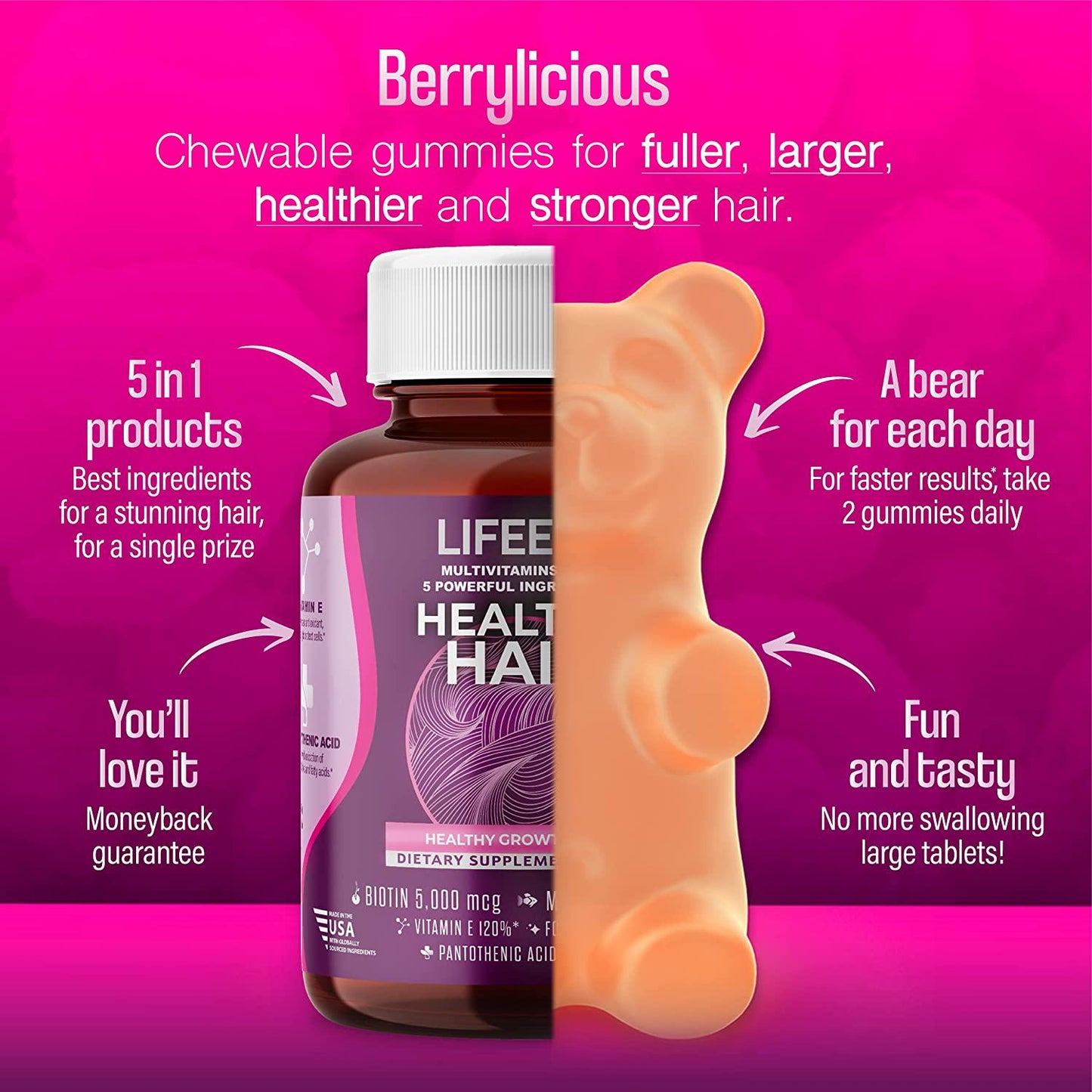 5 in 1 Hair Growth Gummies Biotin 5000mcg (60 days supply) + Collagen + Vitamin E + Folic Acid (Folate) + Pantothenic Acid (120 chewable hair vitamins) - Lifeed5