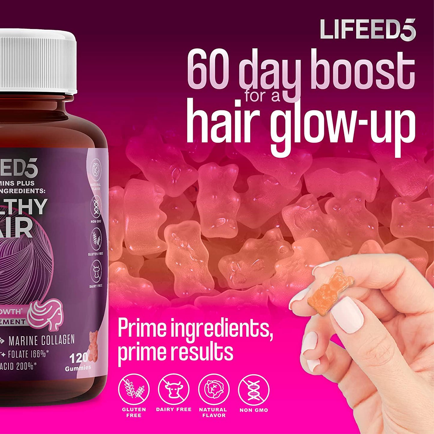5 in 1 Hair Growth Gummies Biotin 5000mcg (60 days supply) + Collagen + Vitamin E + Folic Acid (Folate) + Pantothenic Acid (120 chewable hair vitamins) - Lifeed5