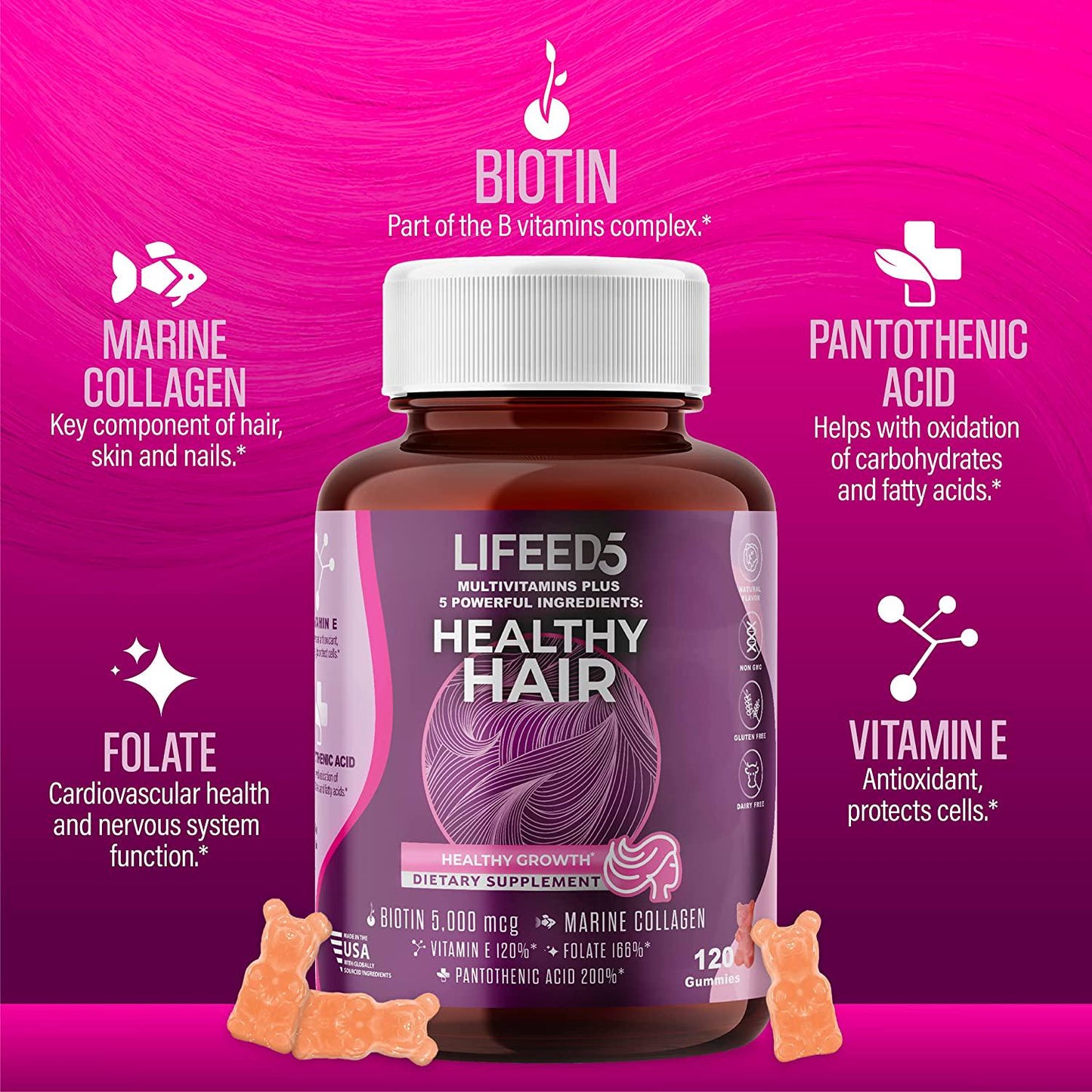 5 in 1 Hair Growth Gummies Biotin 5000mcg (60 days supply) + Collagen + Vitamin E + Folic Acid (Folate) + Pantothenic Acid (120 chewable hair vitamins) - Lifeed5