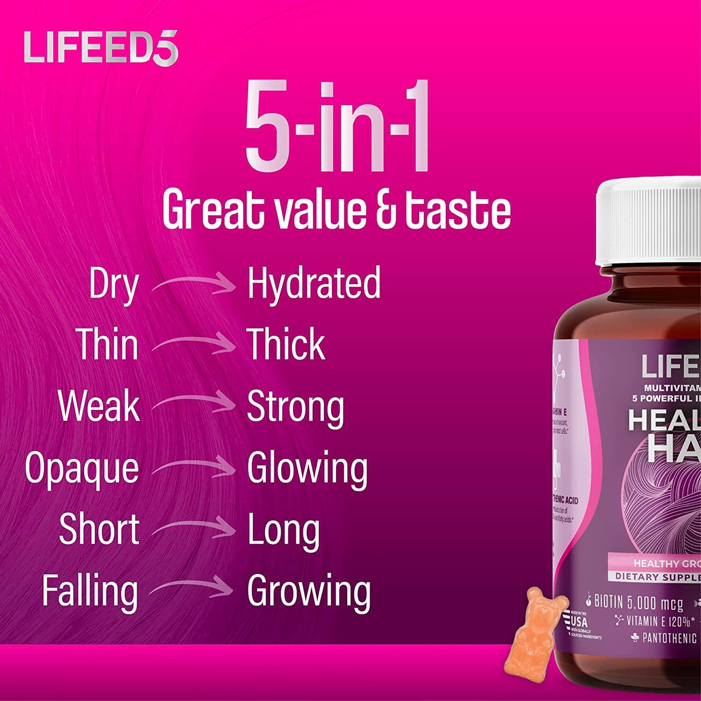 5 in 1 Hair Growth Gummies Biotin 5000mcg (60 days supply) + Collagen + Vitamin E + Folic Acid (Folate) + Pantothenic Acid (120 chewable hair vitamins) - Lifeed5