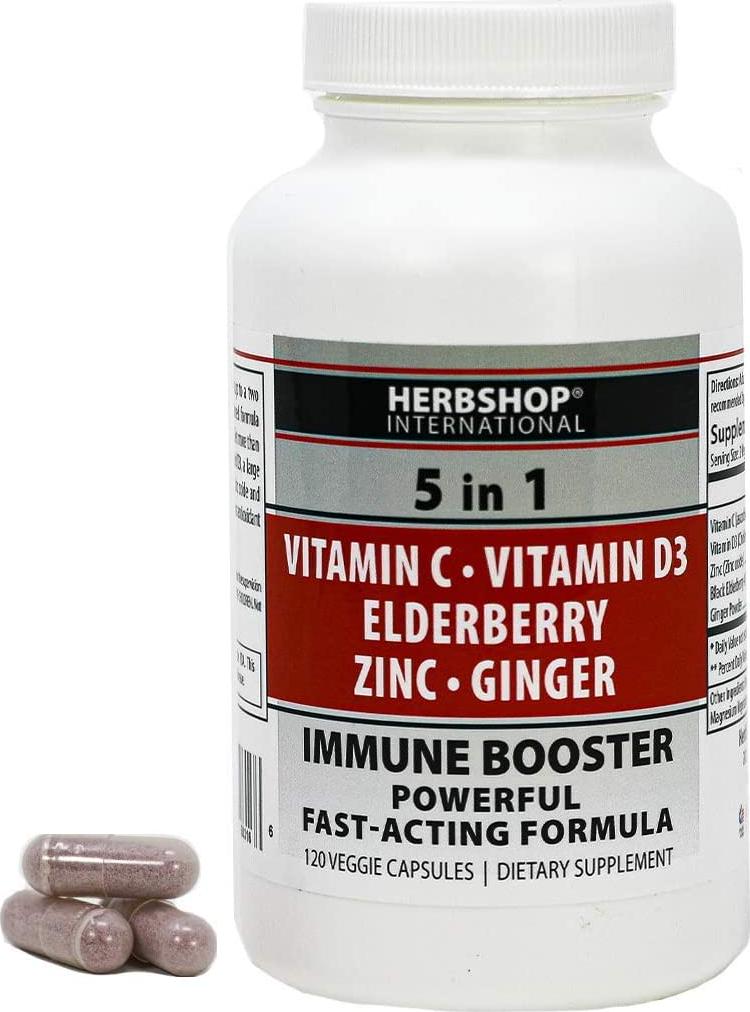 5 in 1 Immune Booster, 120 Veggie Capsules Filled with Antioxidant Rich Natural Ingredients. Elderberry, D3, Vitamin C, Zinc and Ginger 2 Month Supply