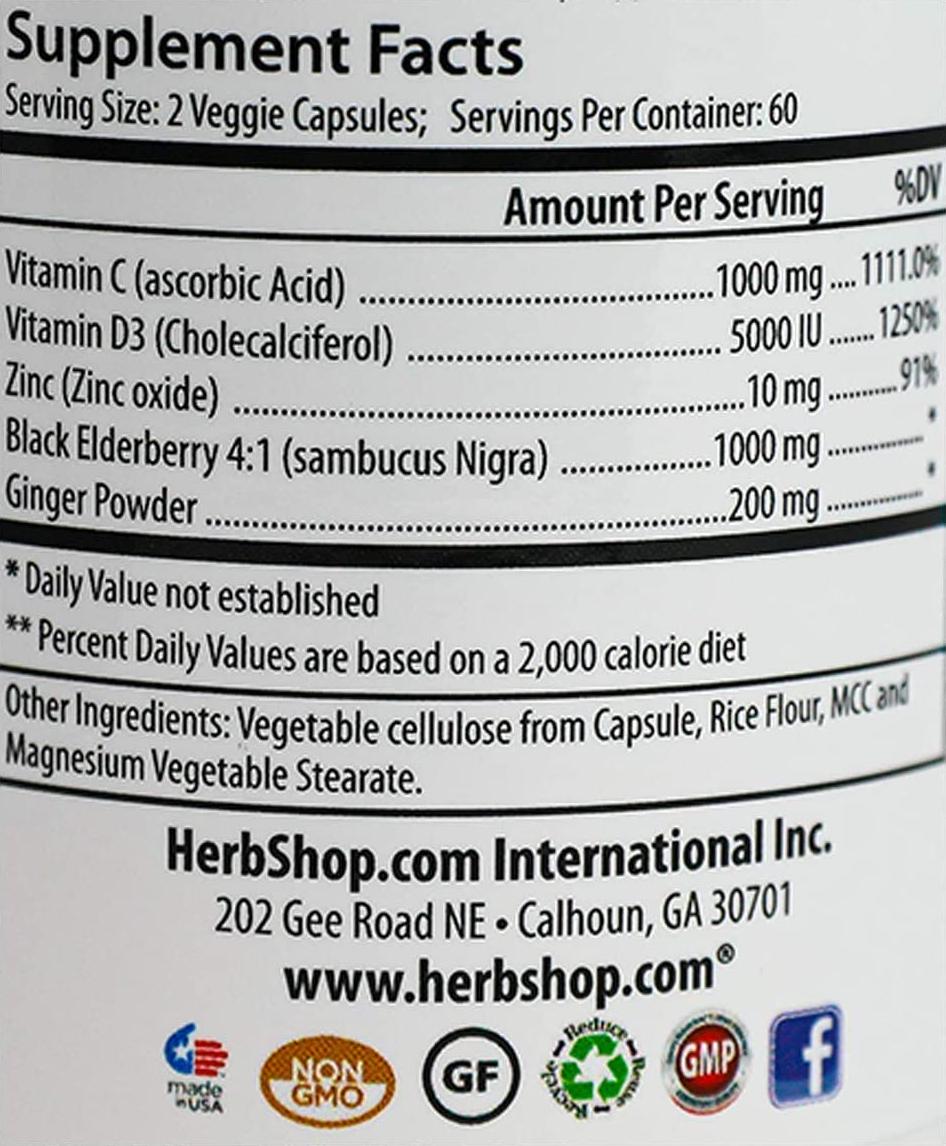 5 in 1 Immune Booster, 120 Veggie Capsules Filled with Antioxidant Rich Natural Ingredients. Elderberry, D3, Vitamin C, Zinc and Ginger 2 Month Supply