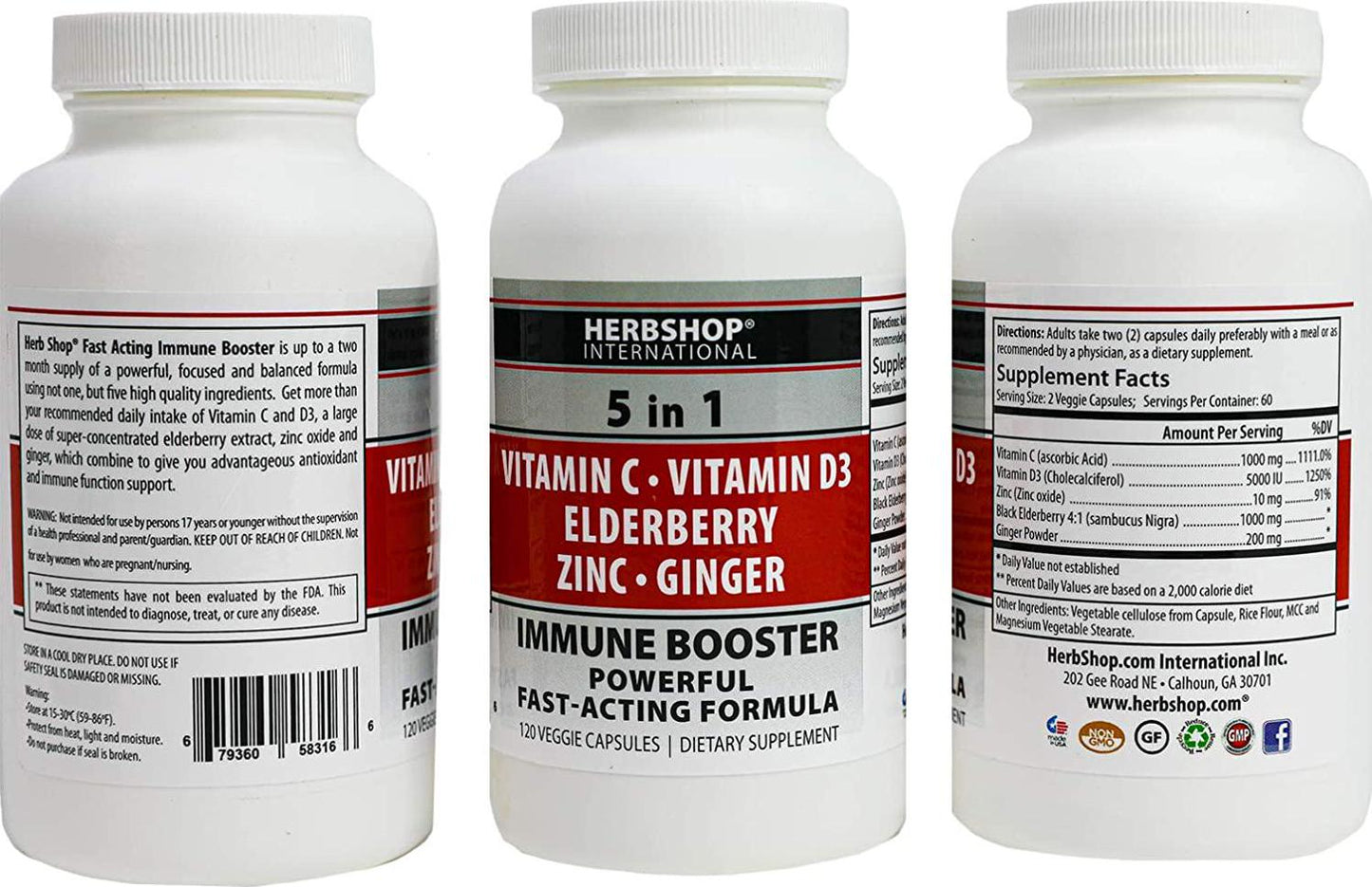5 in 1 Immune Booster, 120 Veggie Capsules Filled with Antioxidant Rich Natural Ingredients. Elderberry, D3, Vitamin C, Zinc and Ginger 2 Month Supply
