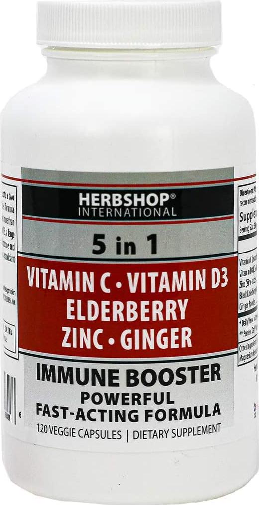 5 in 1 Immune Booster, 120 Veggie Capsules Filled with Antioxidant Rich Natural Ingredients. Elderberry, D3, Vitamin C, Zinc and Ginger 2 Month Supply