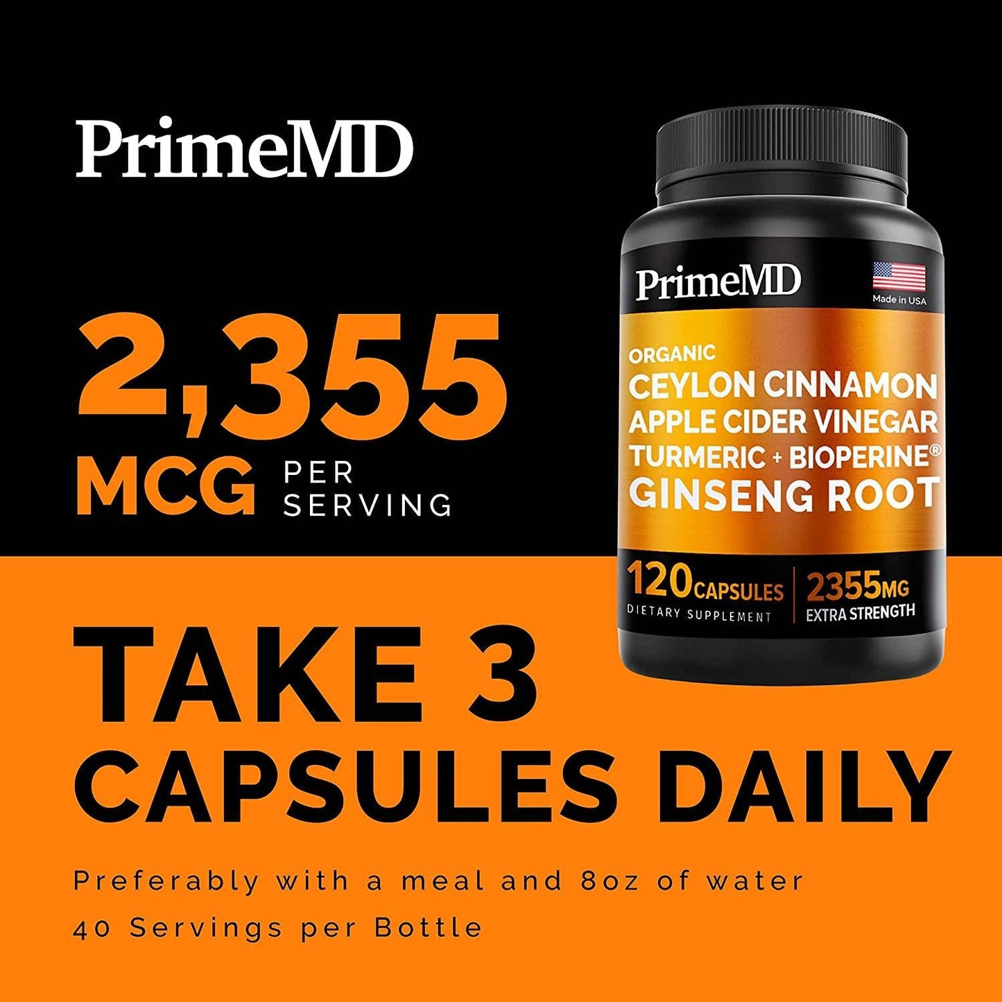 5-in-1 Organic Ceylon Cinnamon Capsules 2355mg with Apple Cider Vinegar, Turmeric, Ginseng Root Capsules, Bioperine, Glucose Metabolic Support Supplement (120 Count (Pack of 2))